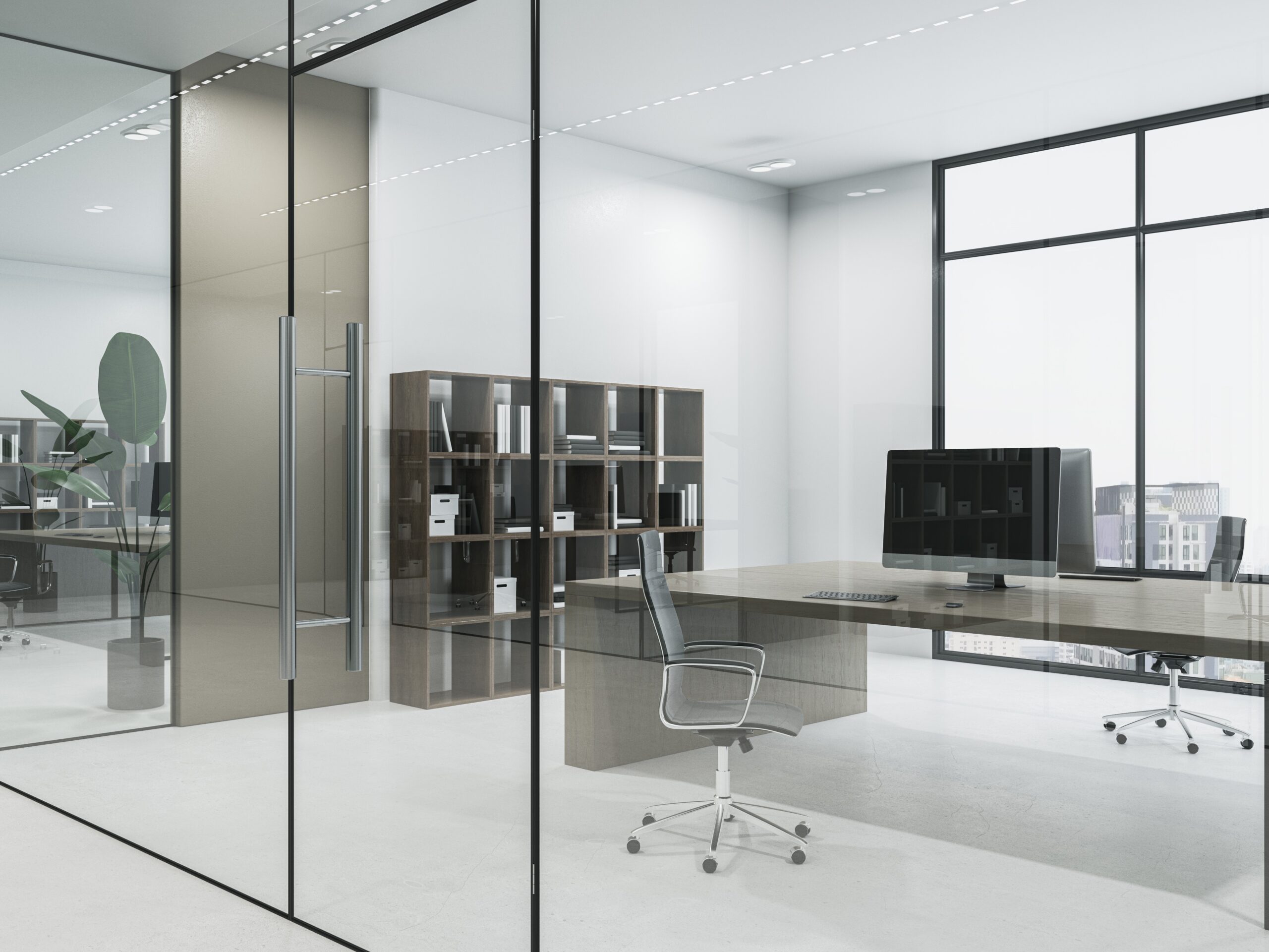 Clean glass office corridor with furniture and concrete flooring. 3D Rendering