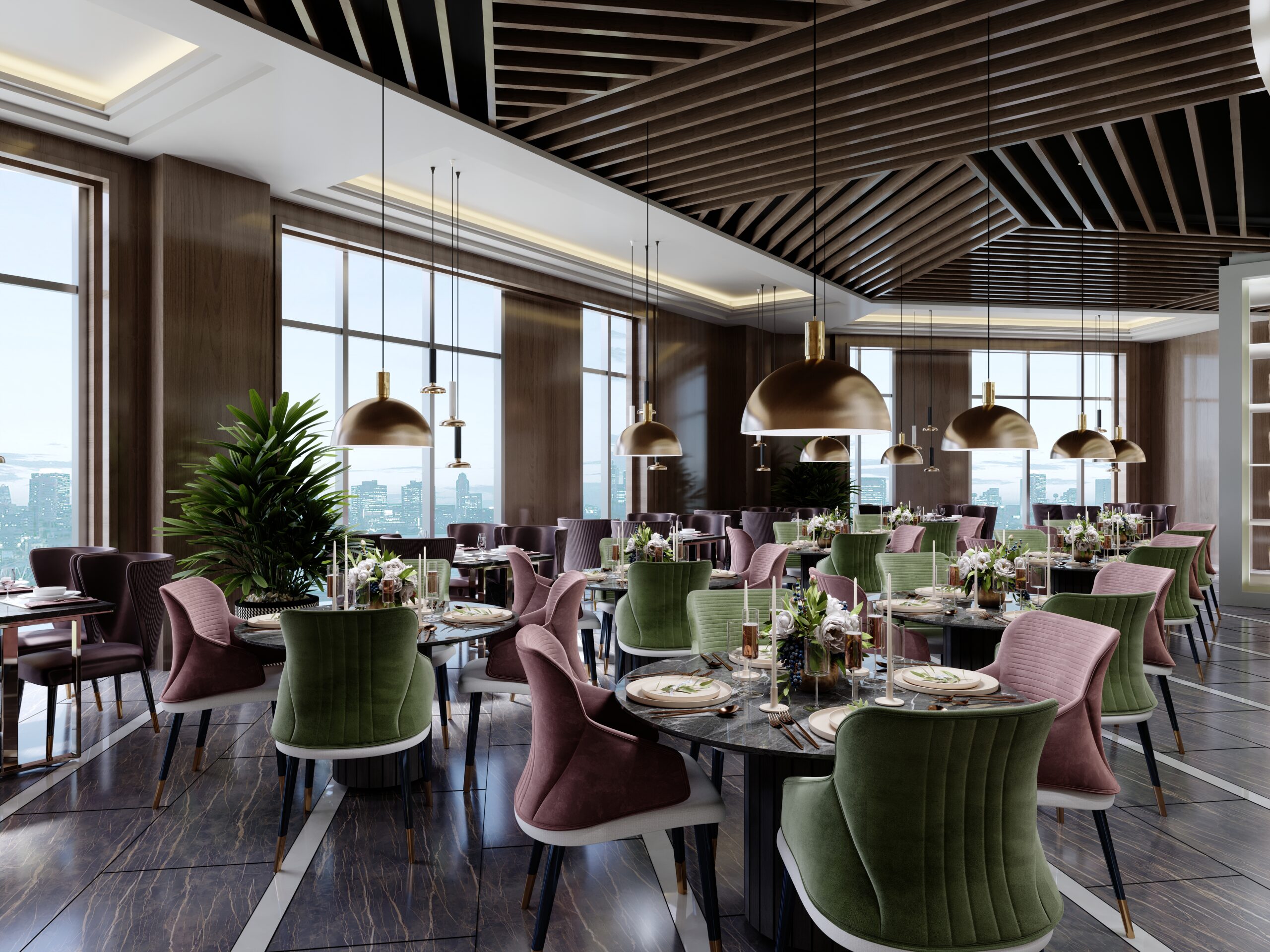 The design of the restaurant is in a modern style with a wooden pergola on the ceiling with a buffet area and colored chairs and a black marble floor. 3D rendering.