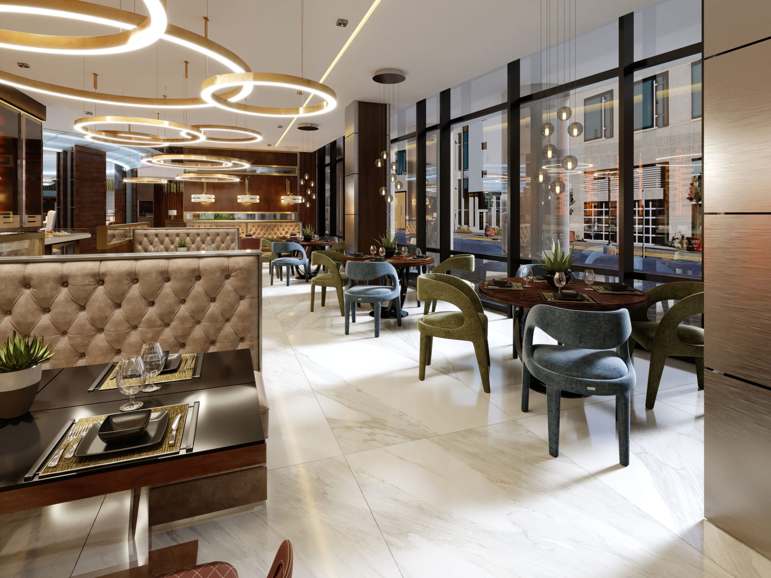 The modern conceptual interior design of the restaurant is in contemporary style with classic elements. 3d rendering.