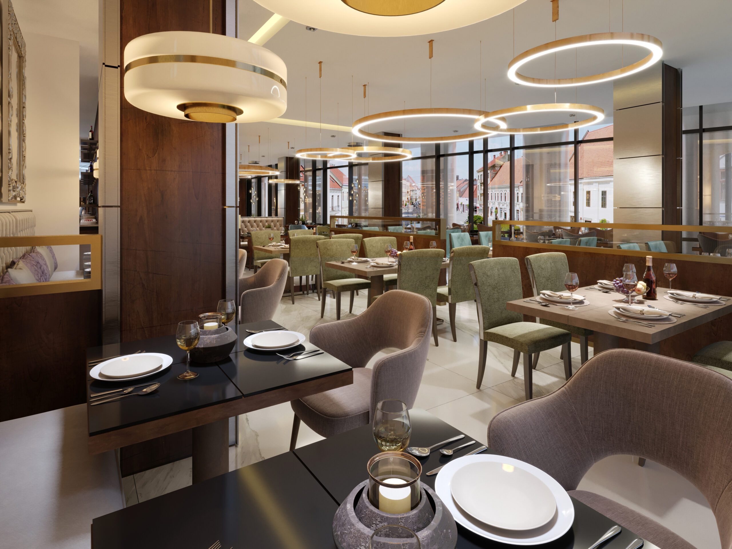 Restaurant in a modern style with marble floor. There are sofas chairs with tables, decorative stainless columns. On ceiling big chandelier with gold circles. Large closet with bottles and light. 3D Rendering