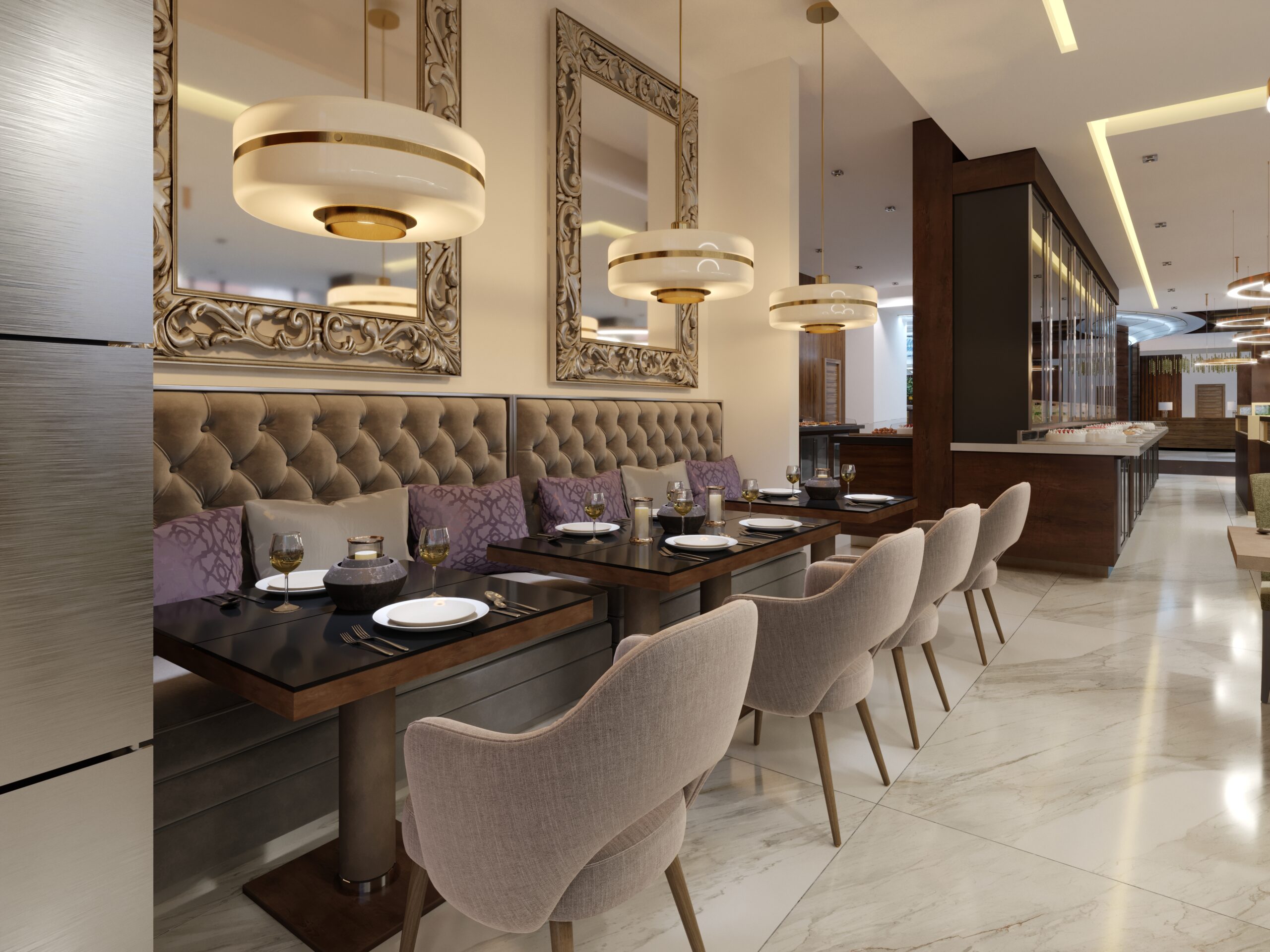 Restaurant in a modern style with marble floor. There are sofas chairs with tables, decorative stainless columns. On ceiling big chandelier with gold circles. Large closet with bottles and light. 3D Rendering
