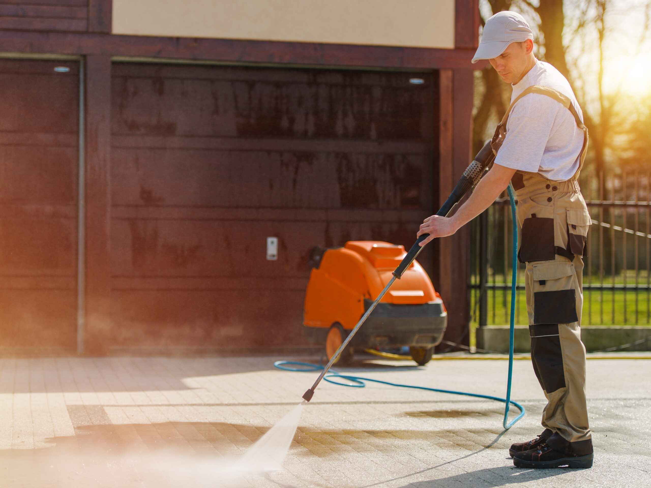 Caucasian Male at Work Cleaning Residential Brick Road Using High Pressure Water Cleaning System Machine