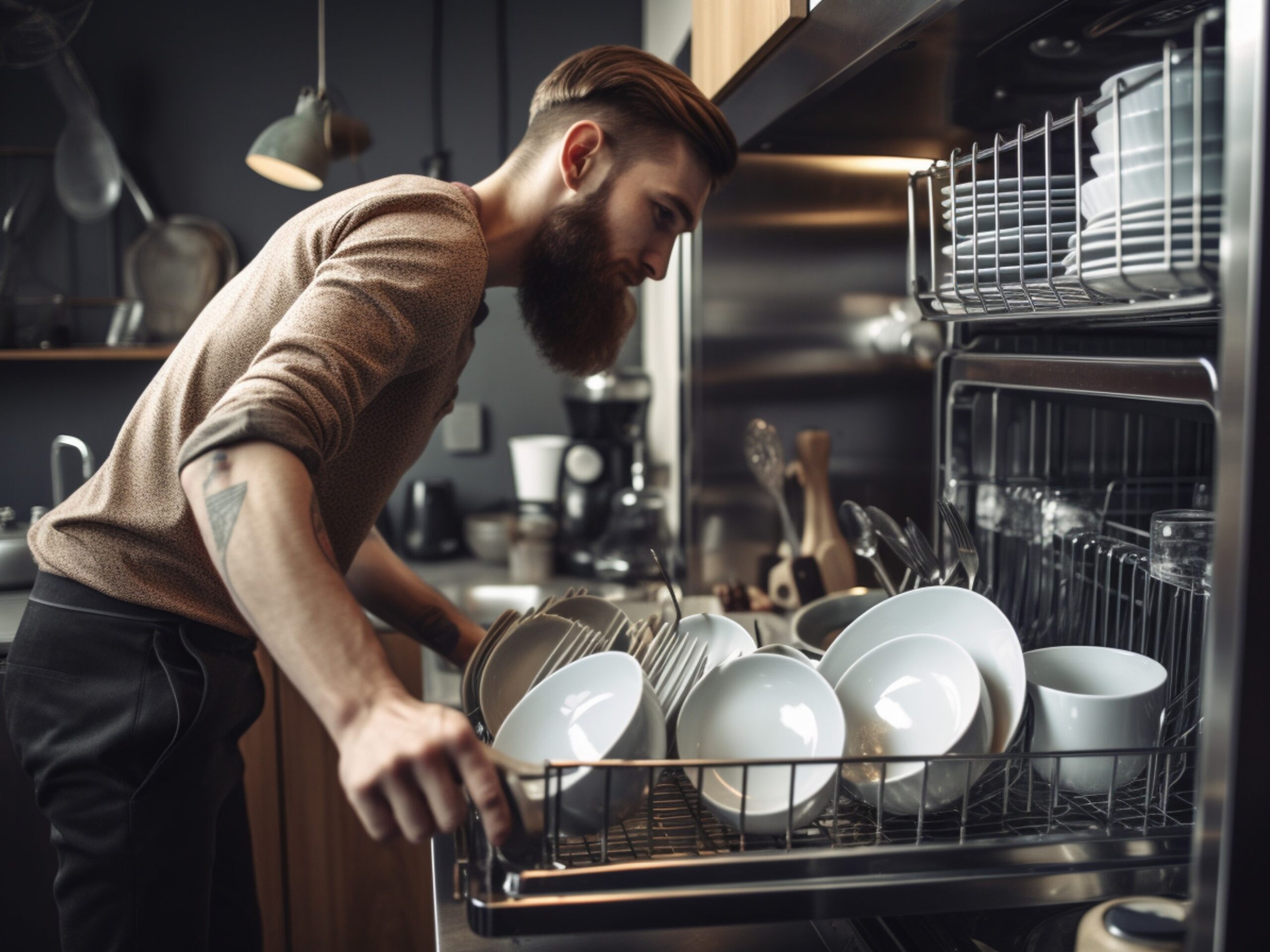 A man in front of an open dishwasher takes out clean dishes after washing.