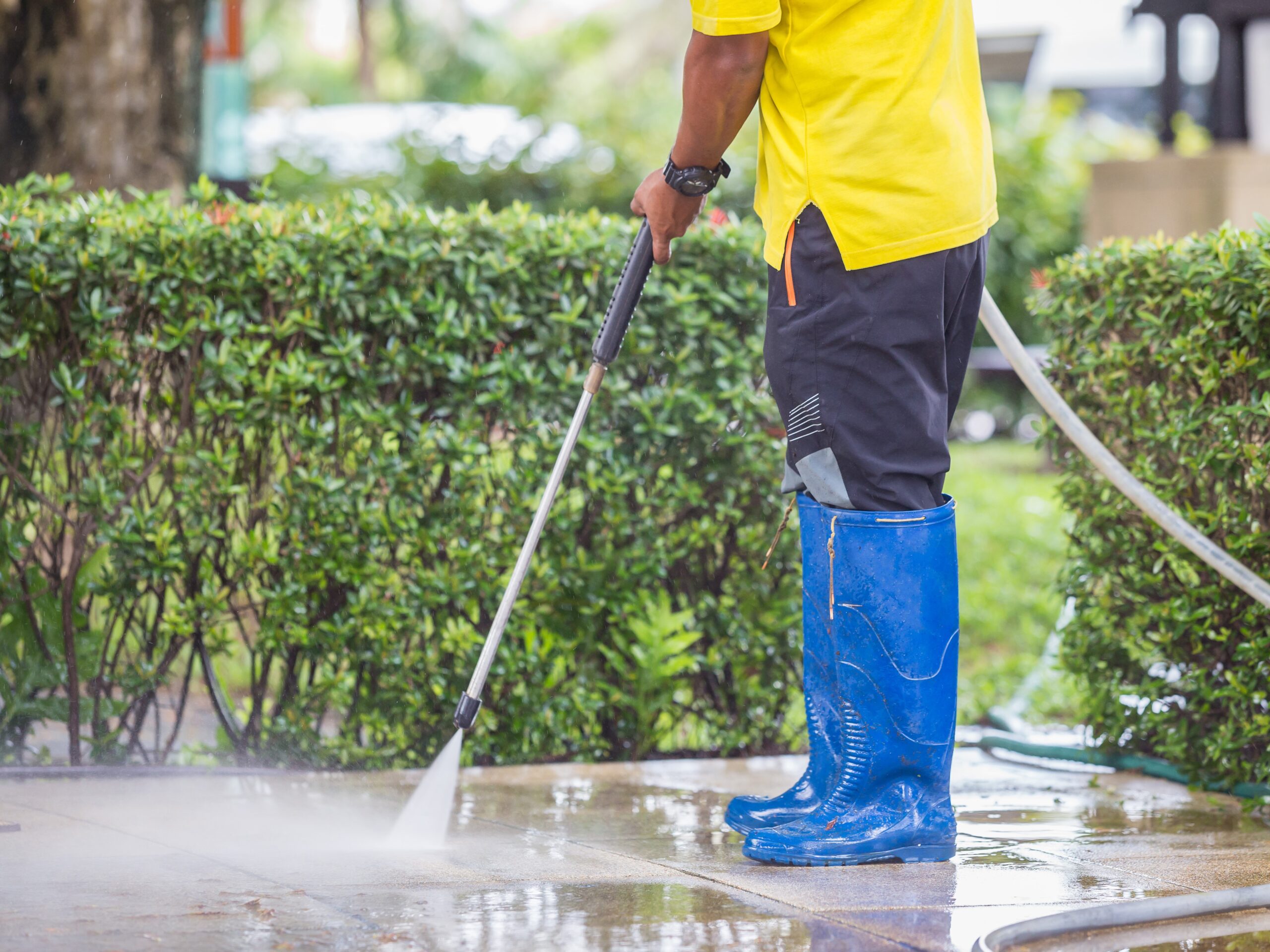 Close up Outdoor floor cleaning with high pressure water jet